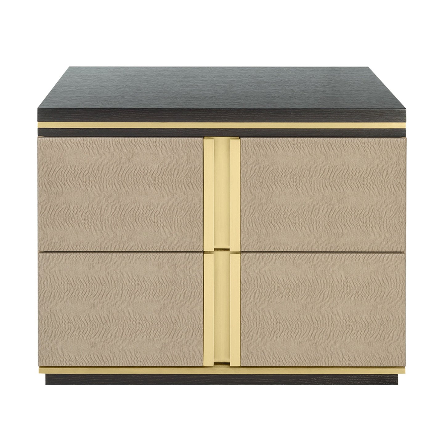 Contemporary designer bedside table with a satin wood veneer table top and base, brushed brass detailing, and two drawers finished with leather