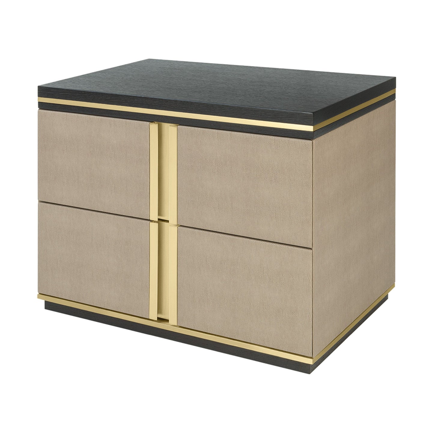 side view of the contemporary designer bedside table with a satin wood veneer table top and base, brushed brass detailing, and two drawers finished with leather