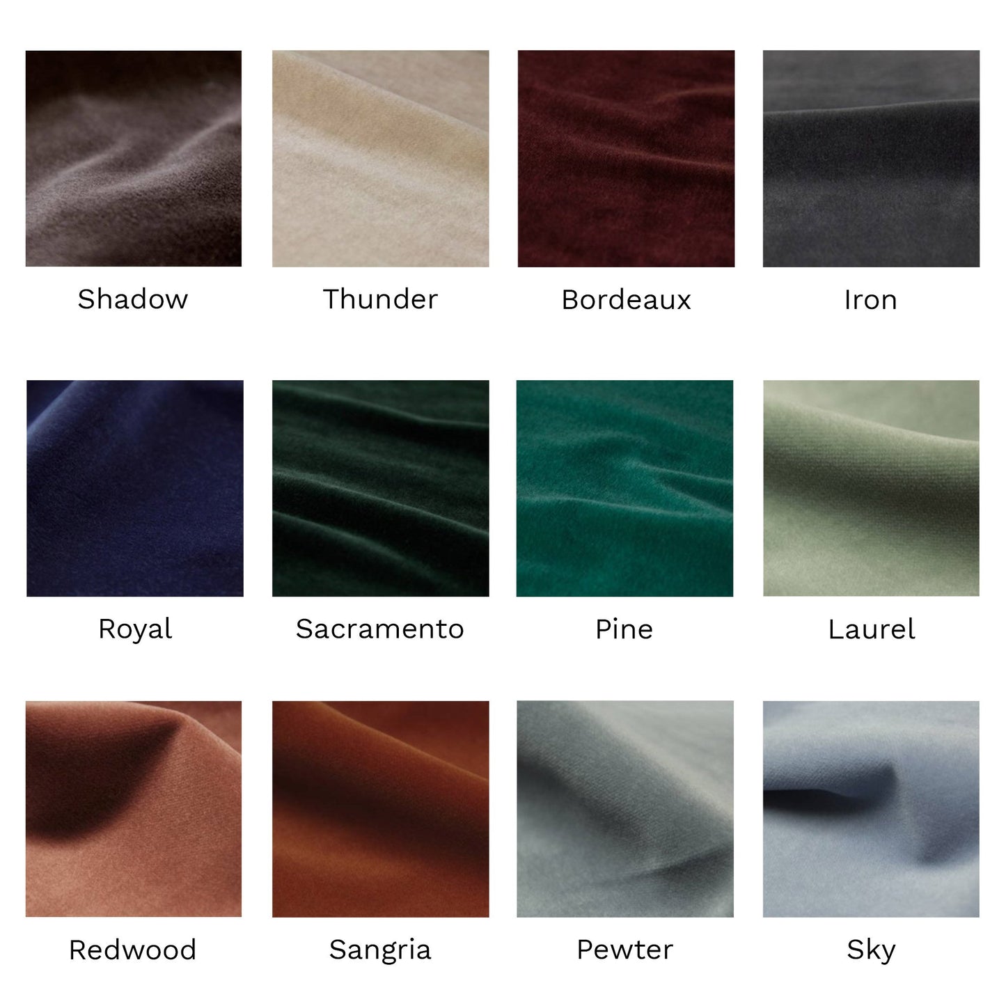 Brabbu velvet fabric colour swatches