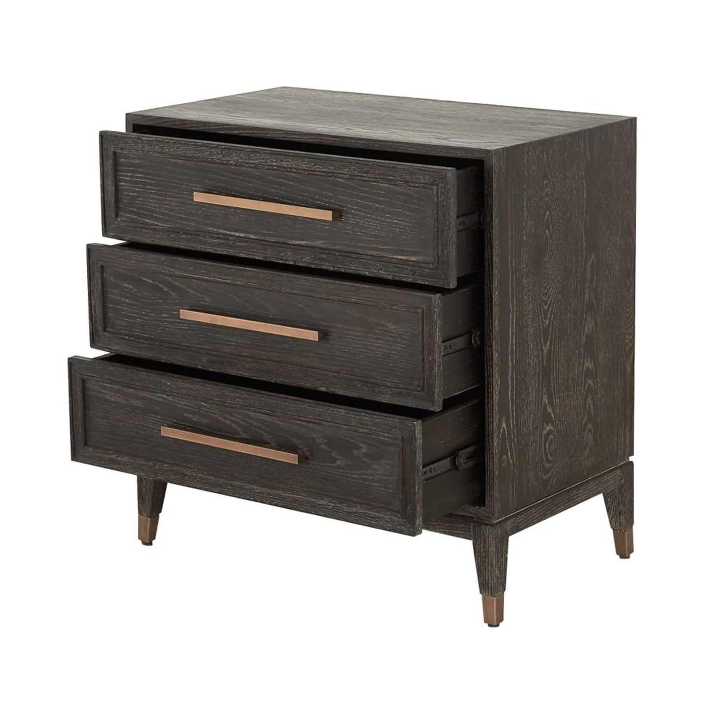 Dark oak chest of open three drawers with long brass handles and brass feet