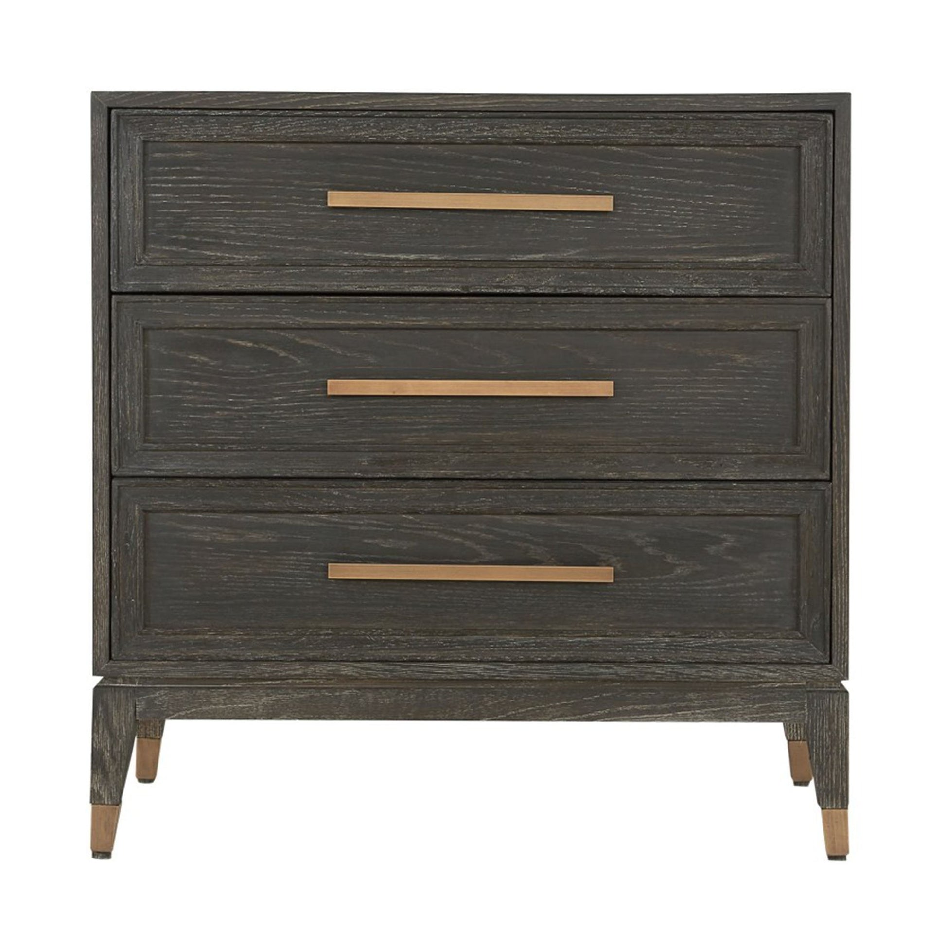 Dark oak chest of three drawers with long brass handles and brass feet