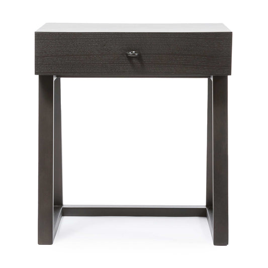 Dark wood bedside table with single drawer