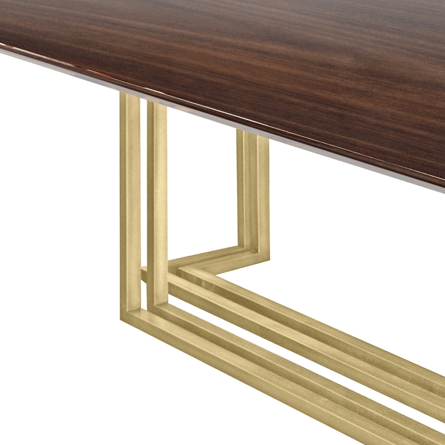 Leg detail of luxury dark wood modern dining table with a brushed brass base.