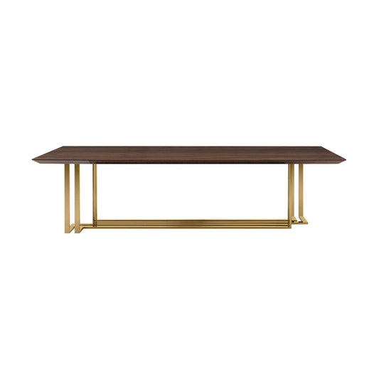 Luxury dark wood modern dining table with s brushed brass base and smooth, rich and glossy wood veneer table top