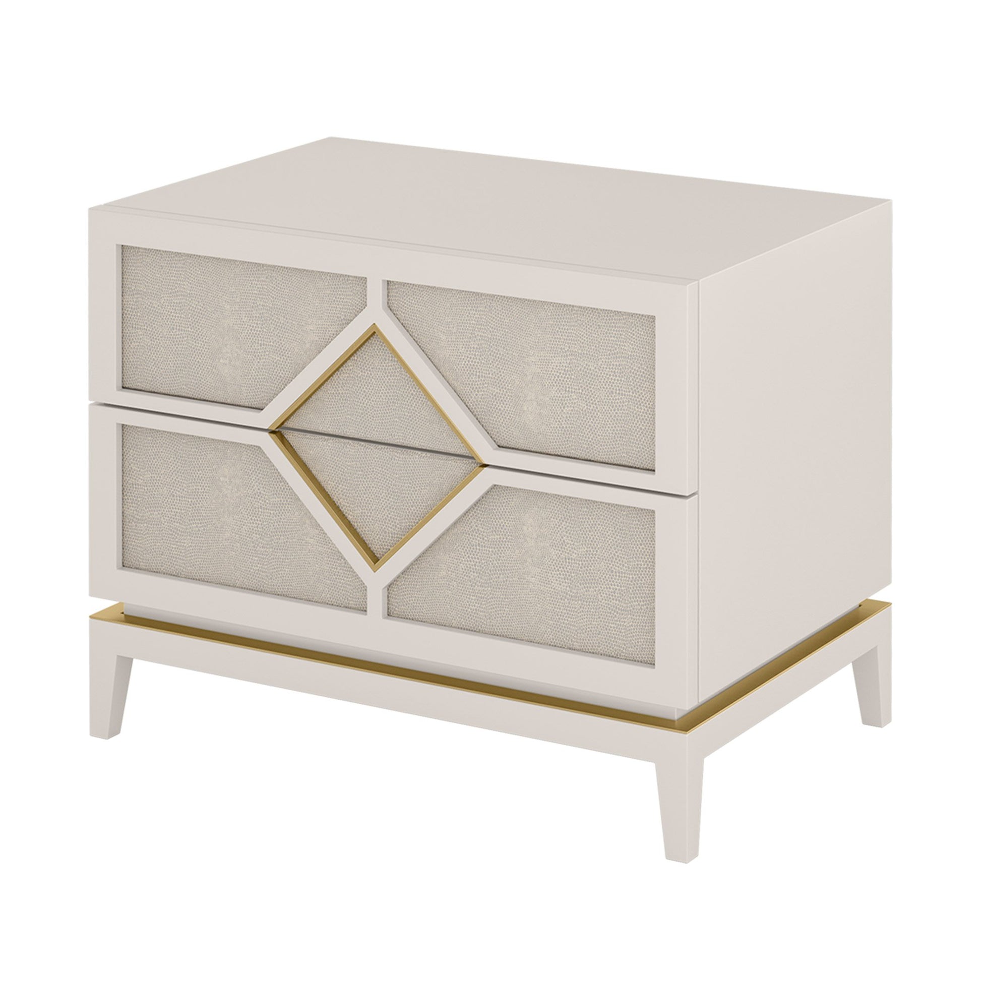 Elegant cream lacquered bedside table with leather and brass inlay