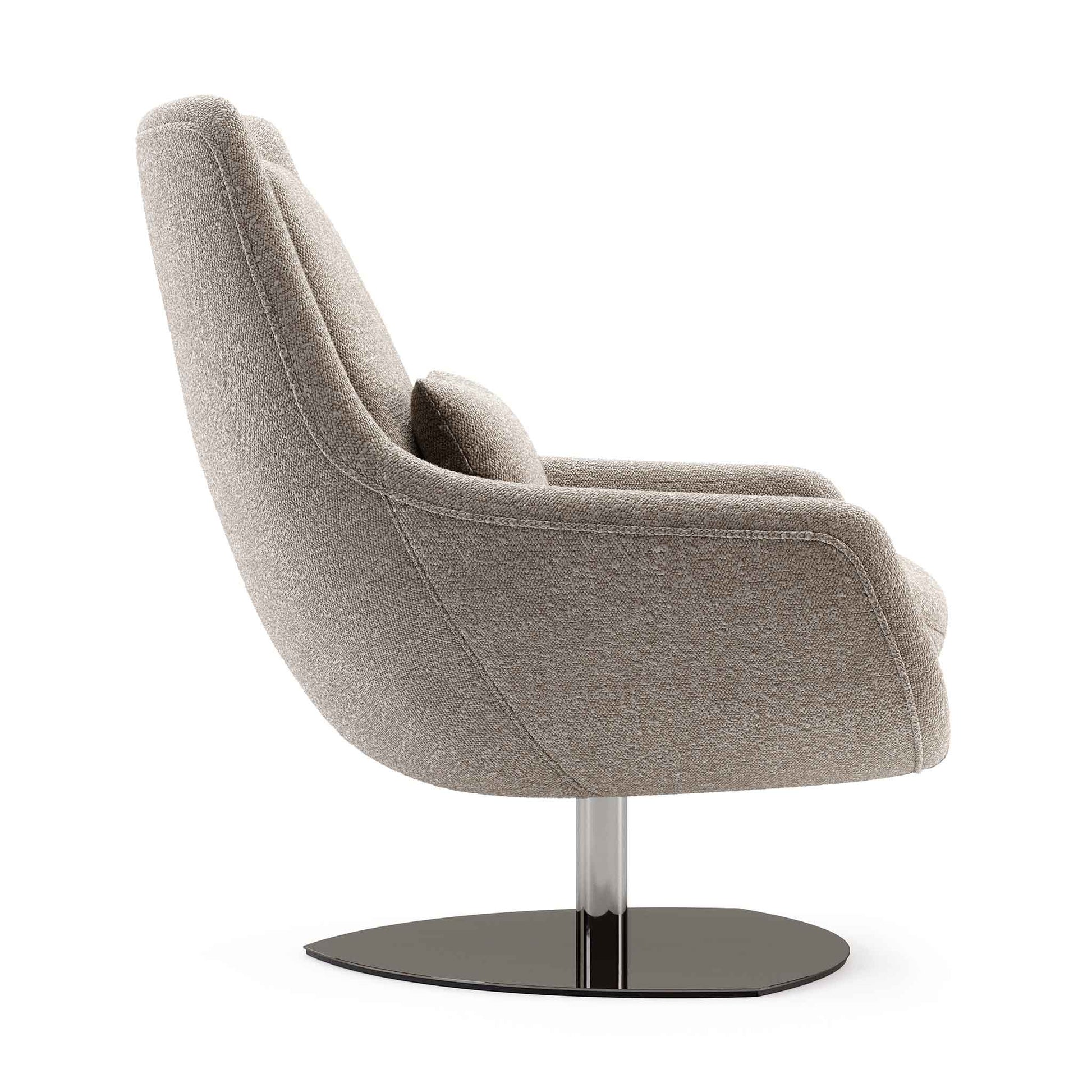 Side view of modern egg shaped swivel chair with oatmeal coloured upholstery on pedestal steel base.