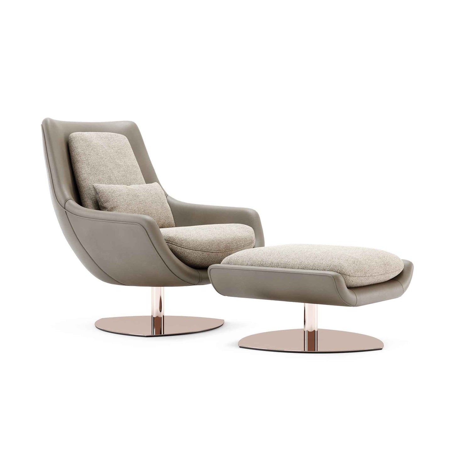 Side view of modern egg shaped swivel chair with oatmeal coloured upholstery on pedestal steel base. Shown with matching footstool.