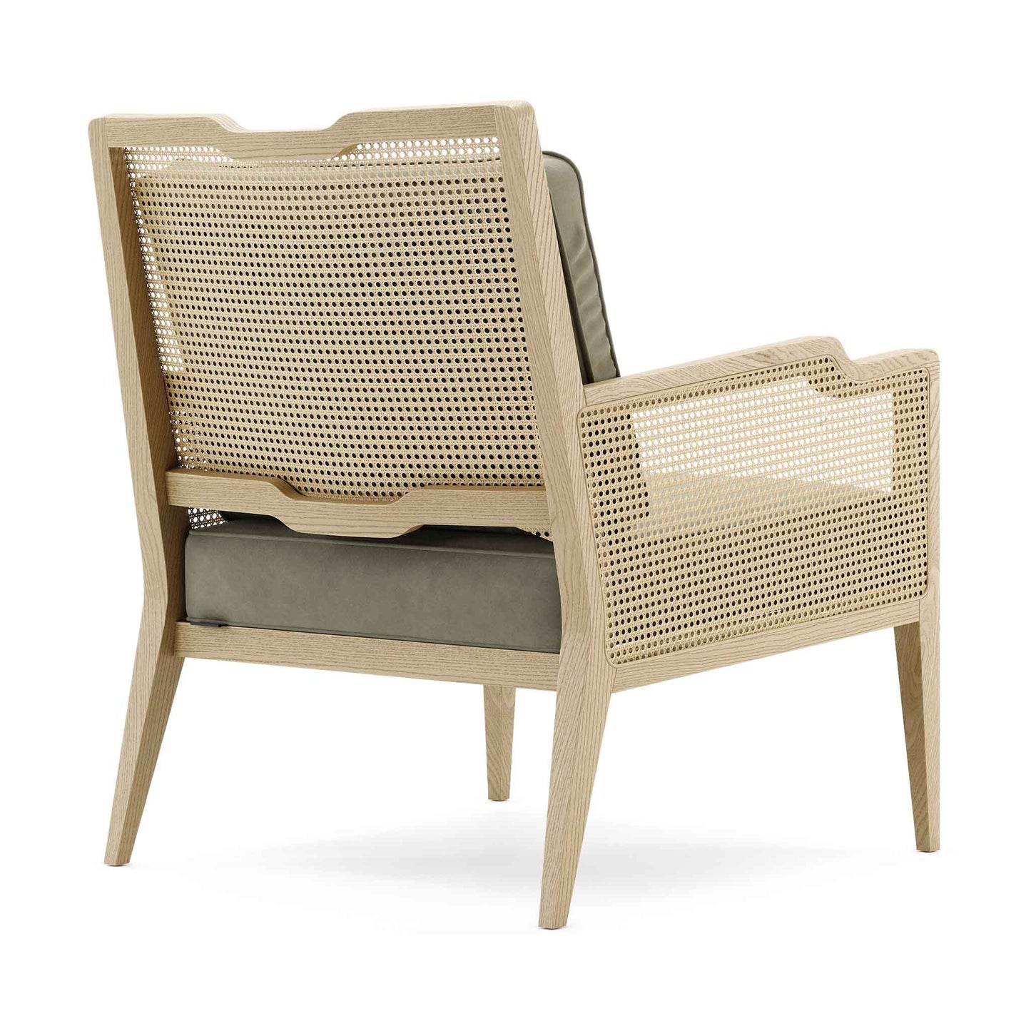 Pale modern wood frame rattan chair with velvet upholstered cushions in sage green. Featuring back and side view with rattan detail.