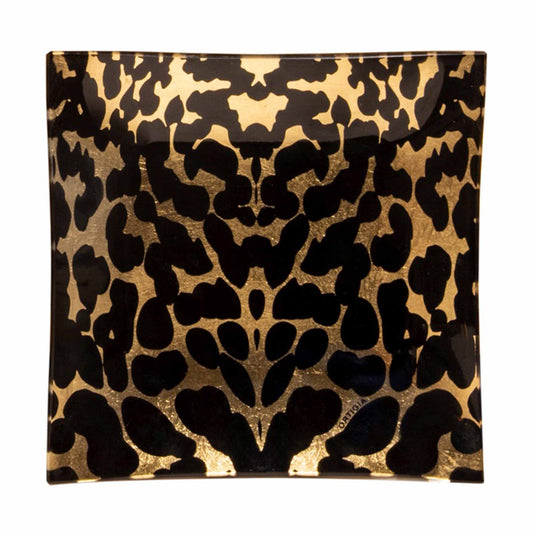 Leopard print glass plate with gold leaf.