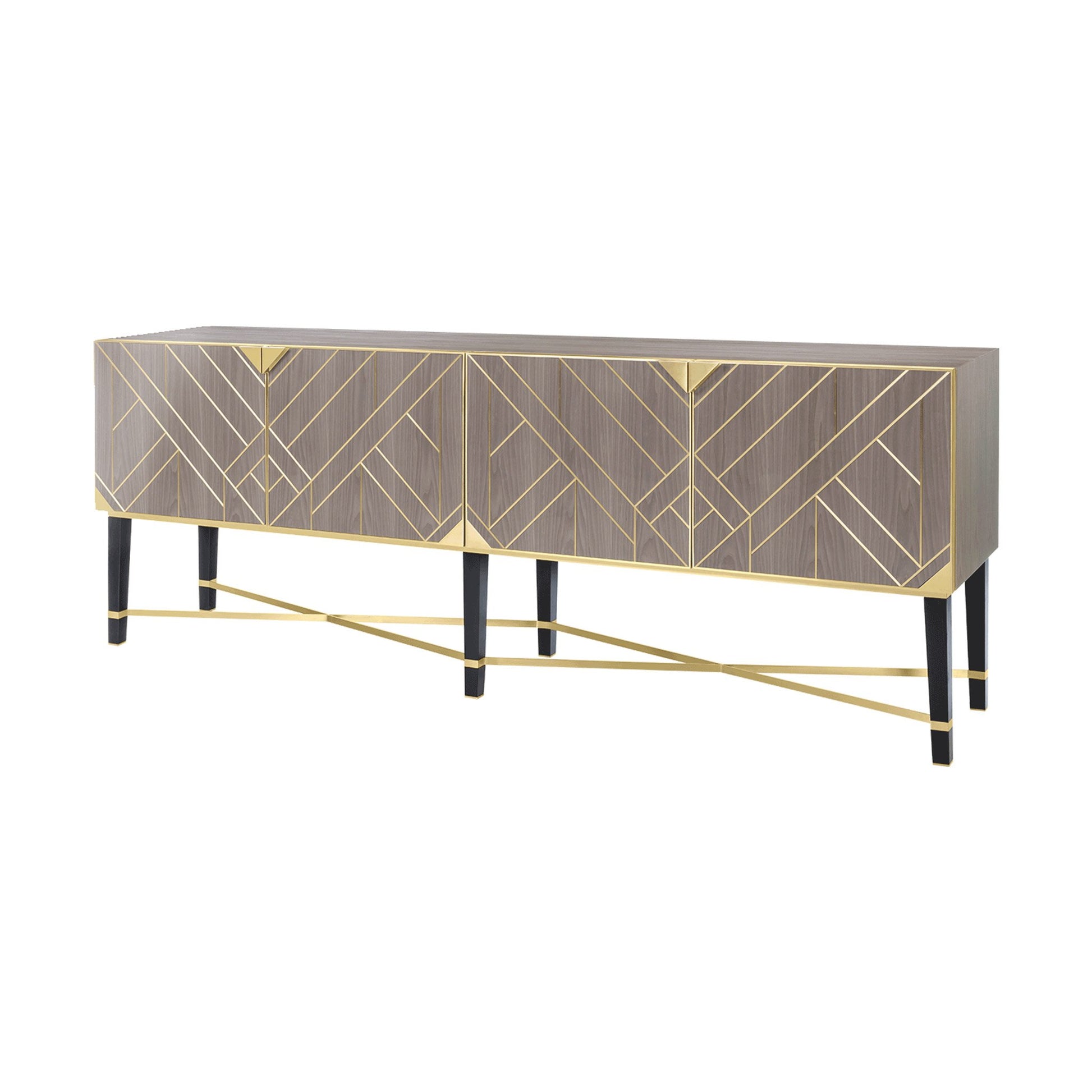 Luxury four door sideboard with modern diagonal brass inlay and dark wood legs and brass details.