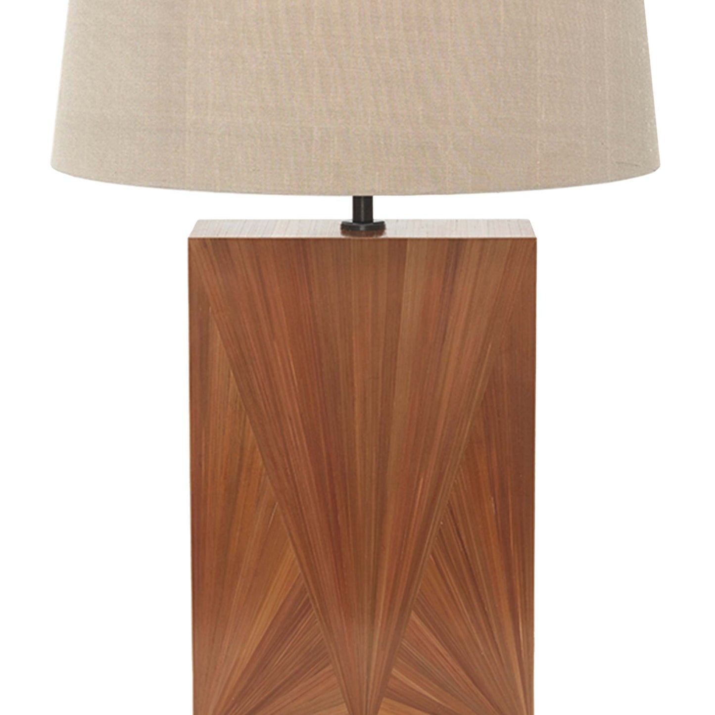 Close up of straw marquetry lamp in a minimal rectangular block design in golden brown the lamp is shown with a 14 inch beige tapered linen lampshade