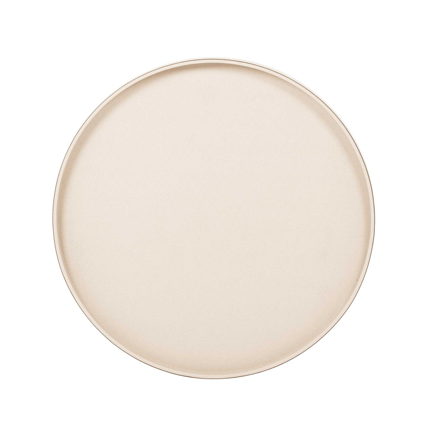 View from above of large round cream luxury Italian leather tray