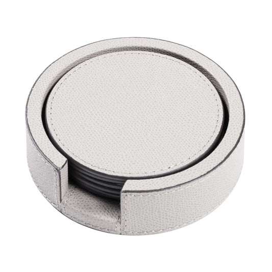 Light grey luxury Italian leather coasters in holder.