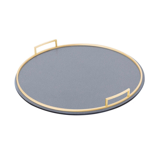 Round storm blue boar textured Italian leather tray with brass handles