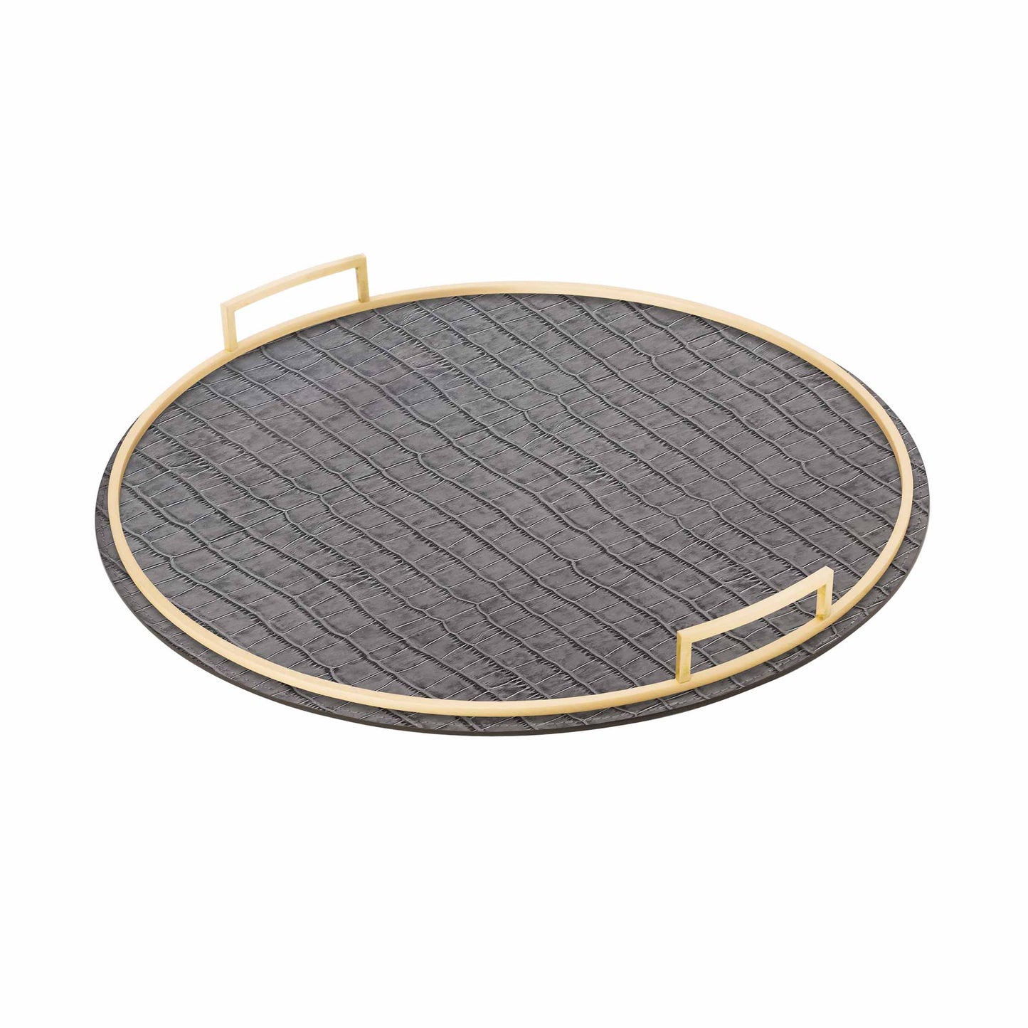 Round grey crocodile textured Italian leather tray with brass handles