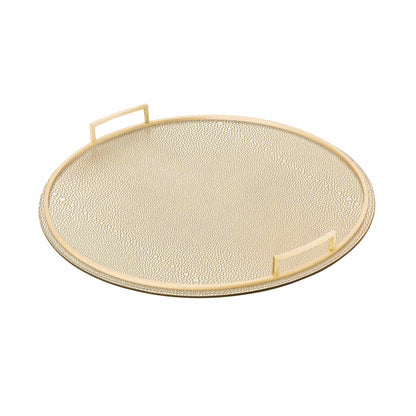 Round cream shagreen textured Italian leather tray with brass handles