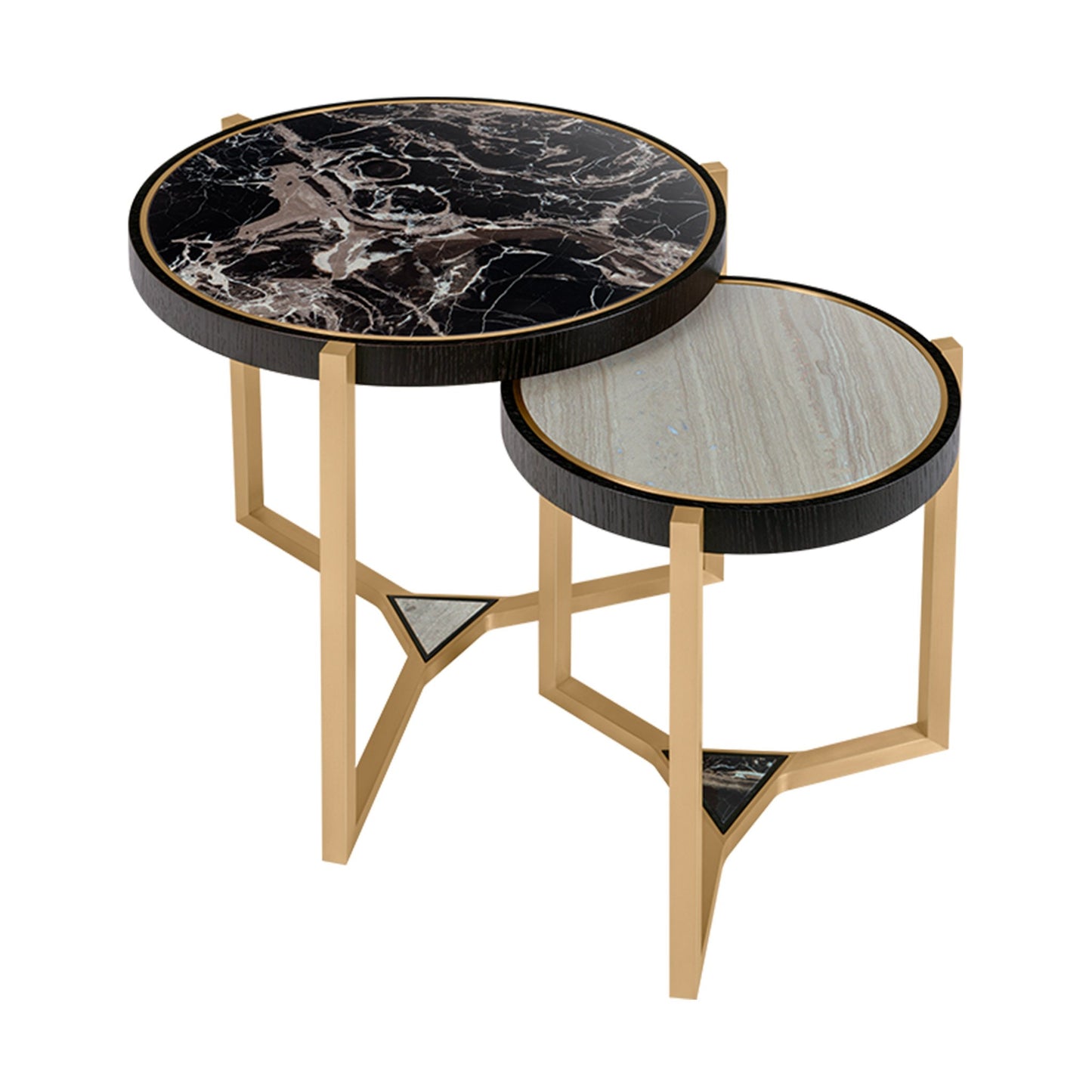 set of two nesting tables, the larger of which is structured with a brushed brass frame and a black centre marble inlay. the smaller table has a stone inlay with a brushed brass frame