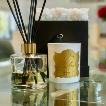 Lifestyle image of Oud Ludus candles displayed a luxury reed diffuser and white roses
