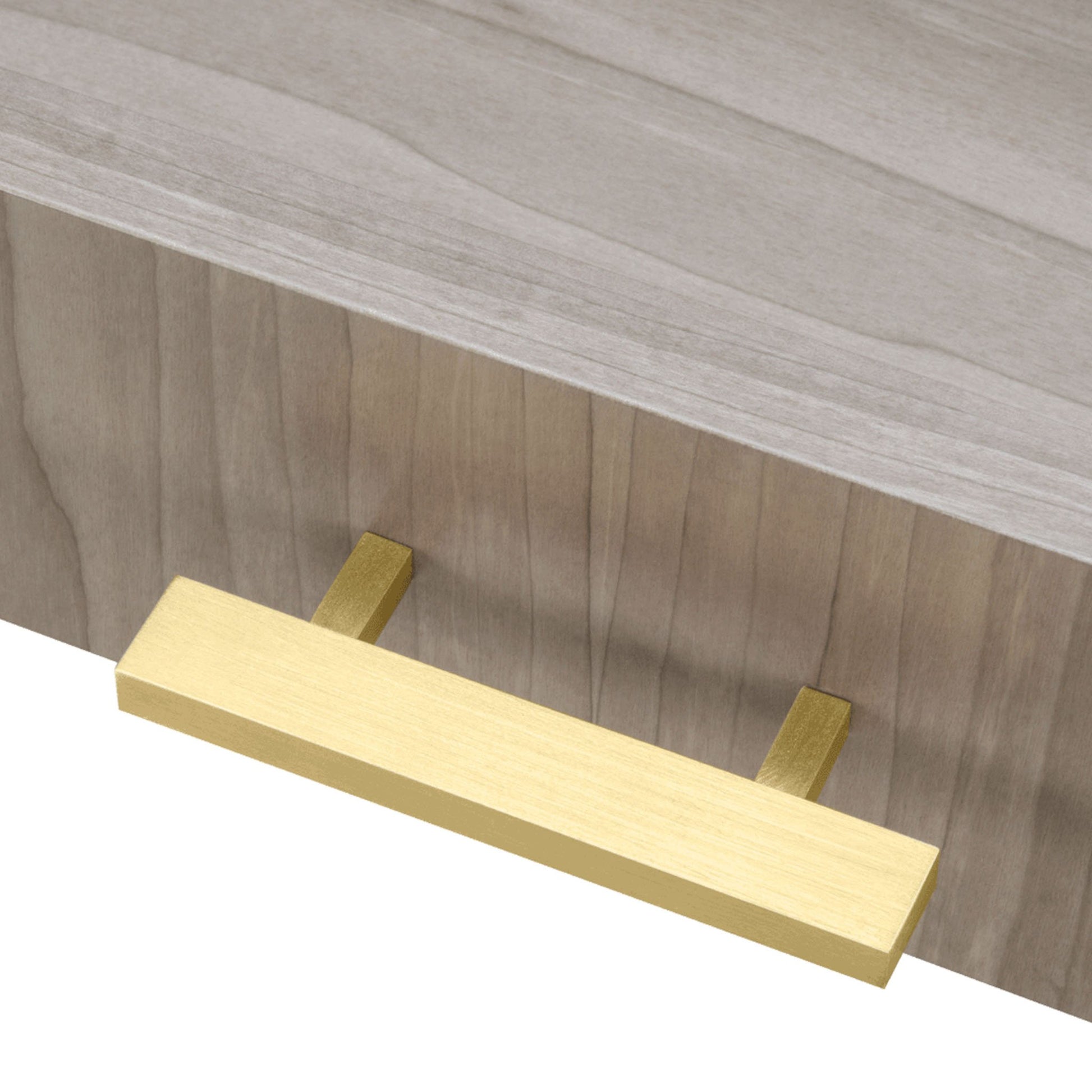 Close detail drawer of lLuxury wood desk with metallic details. The wooden frame with metallic detailing is equipped with ample storage space for all your work accessories, a stylish addition to any work space. Shown here with a satin close pore wood veneer box, drawer fronts and structure and brushed brass details.