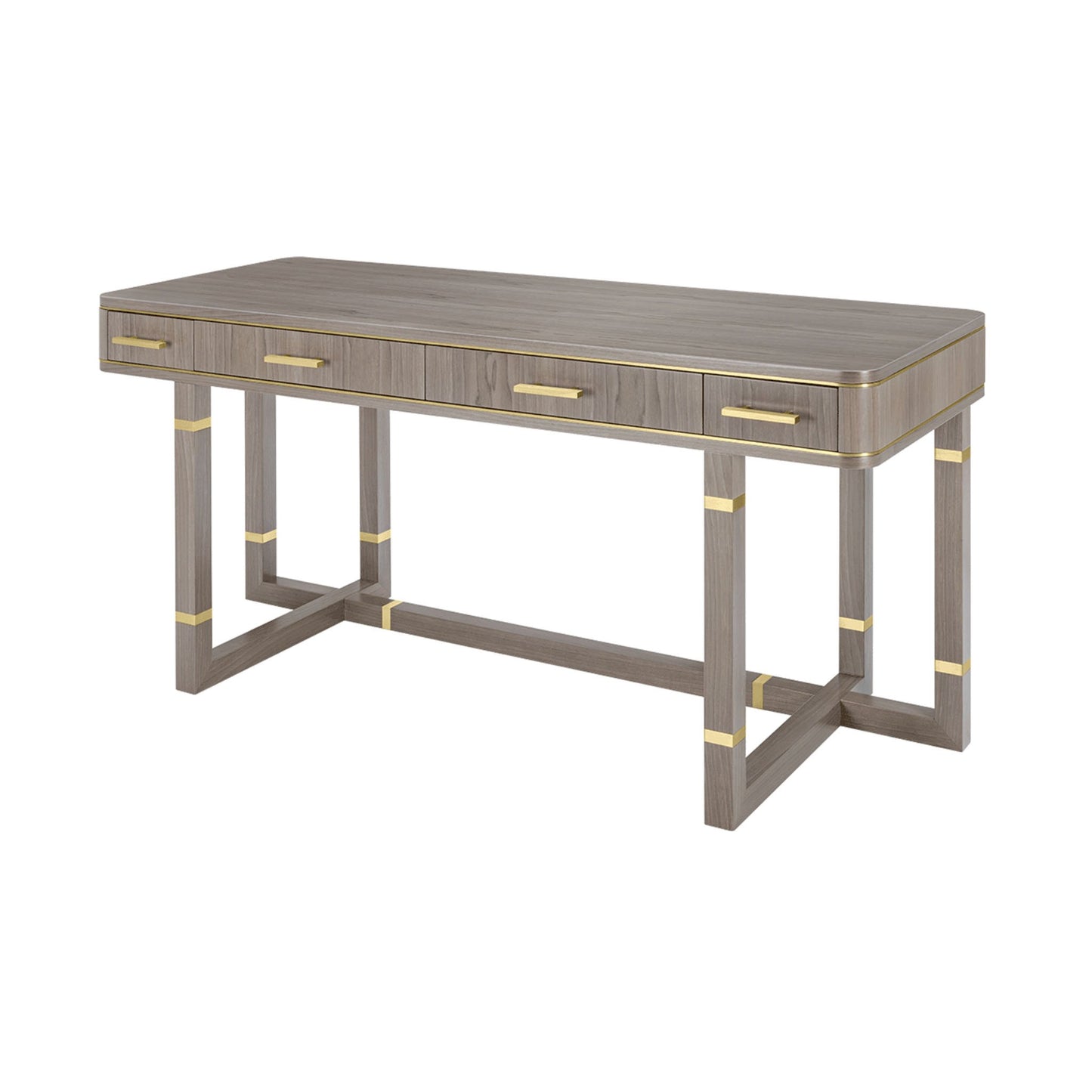 Isometric view of luxury wood desk with metallic details. The wooden frame with metallic detailing is equipped with ample storage space for all your work accessories, a stylish addition to any work space. Shown here with a satin close pore wood veneer box, drawer fronts and structure and brushed brass details.