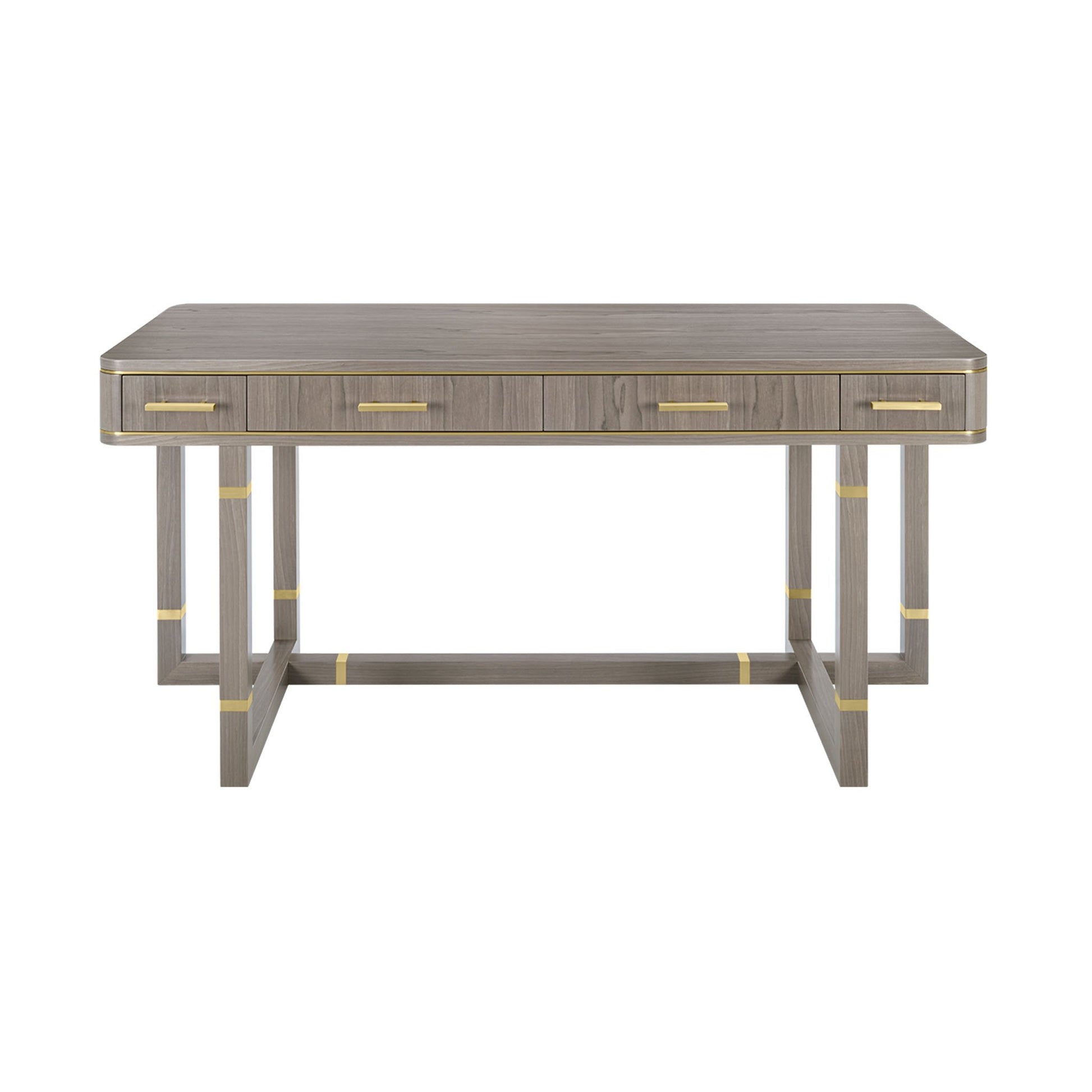 Luxury wood desk with metallic details. The wooden frame with metallic detailing is equipped with ample storage space for all your work accessories, a stylish addition to any work space.  Shown here with a satin close pore wood veneer box, drawer fronts and structure and brushed brass details.