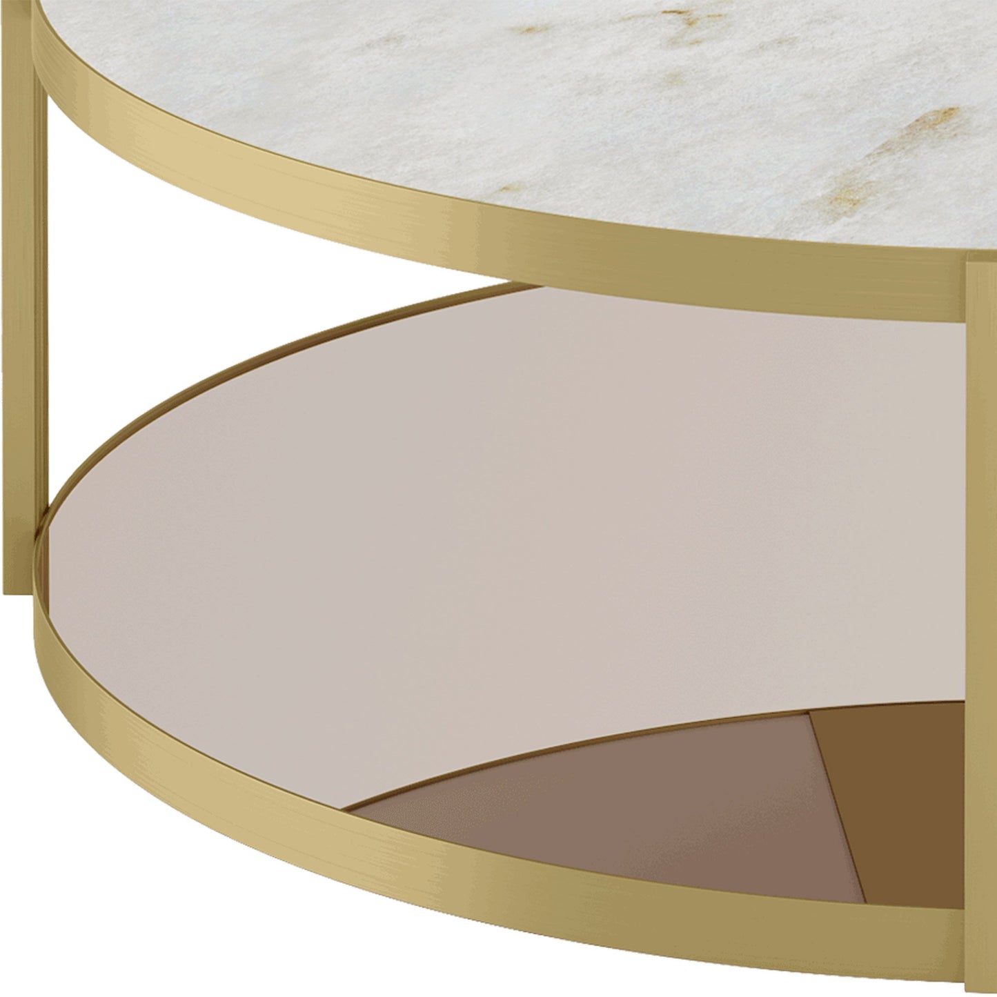 Luxurious marble top round coffee table with bronze mirror detail