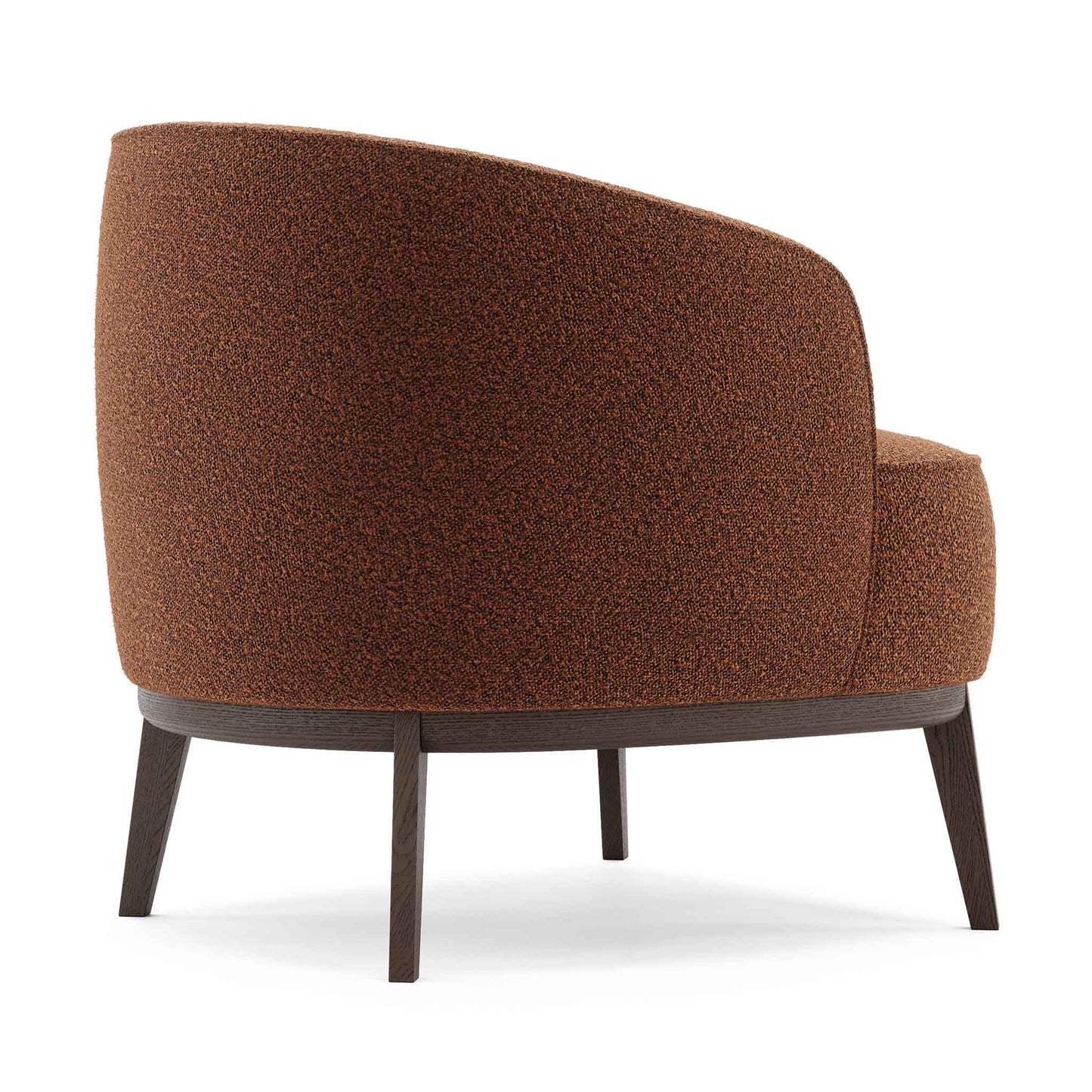 Modern and minimal tub style armchair in rust brown upholstery. Side view of back and armrest.