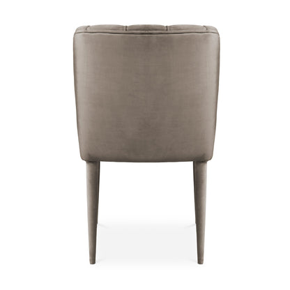 back of mid century modern style dining chair in a luxury fawn coloured velvet