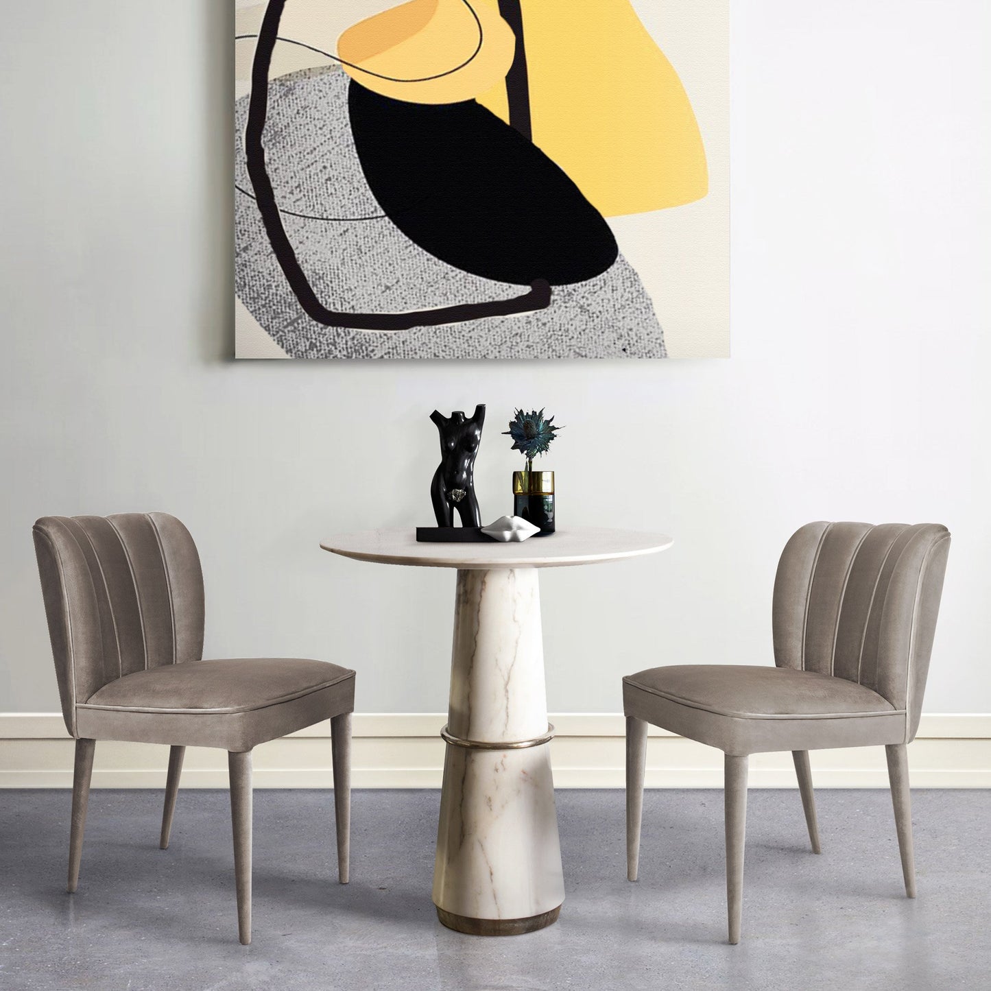 Lifestyle image of mid century modern style dining chairs in a luxury fawn coloured velvet. Shown with pedestal marble table and modern painting.