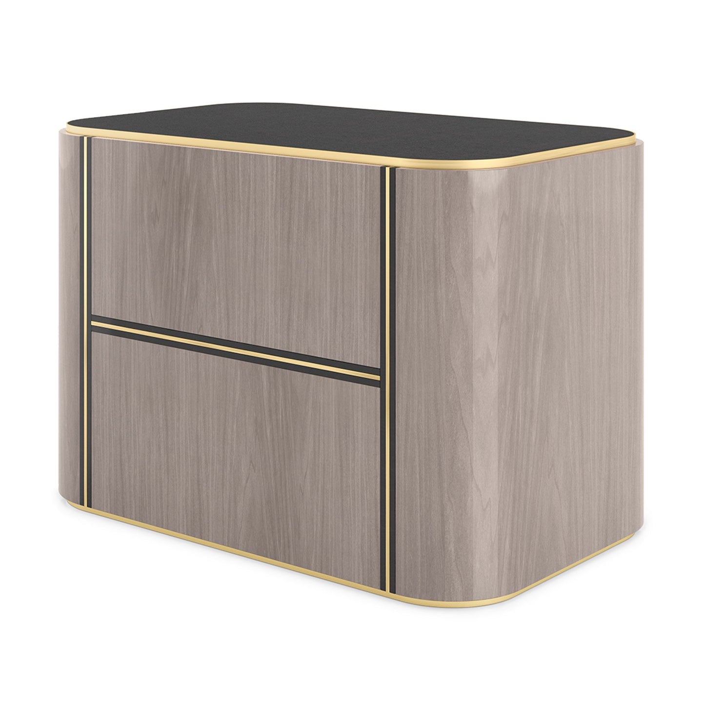 Sleek and minimal two tone wood bedside table with brass inlay