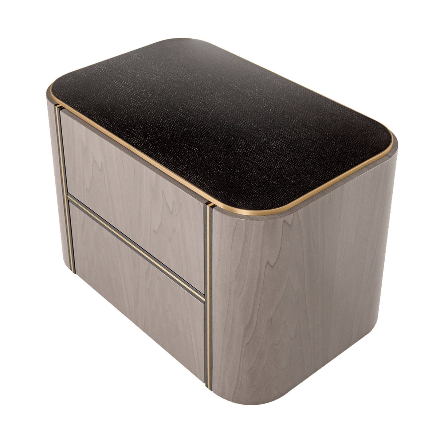 Overhead view of sleek and minimal two tone wood bedside table with brass inlay