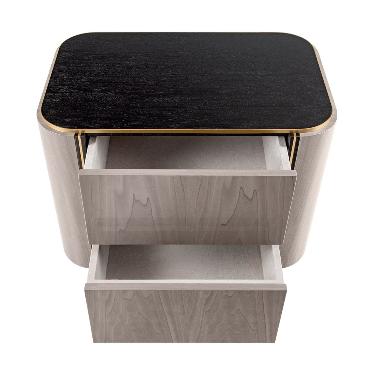 Sleek and minimal two tone wood bedside table with brass inlay. Shown with open drawers.