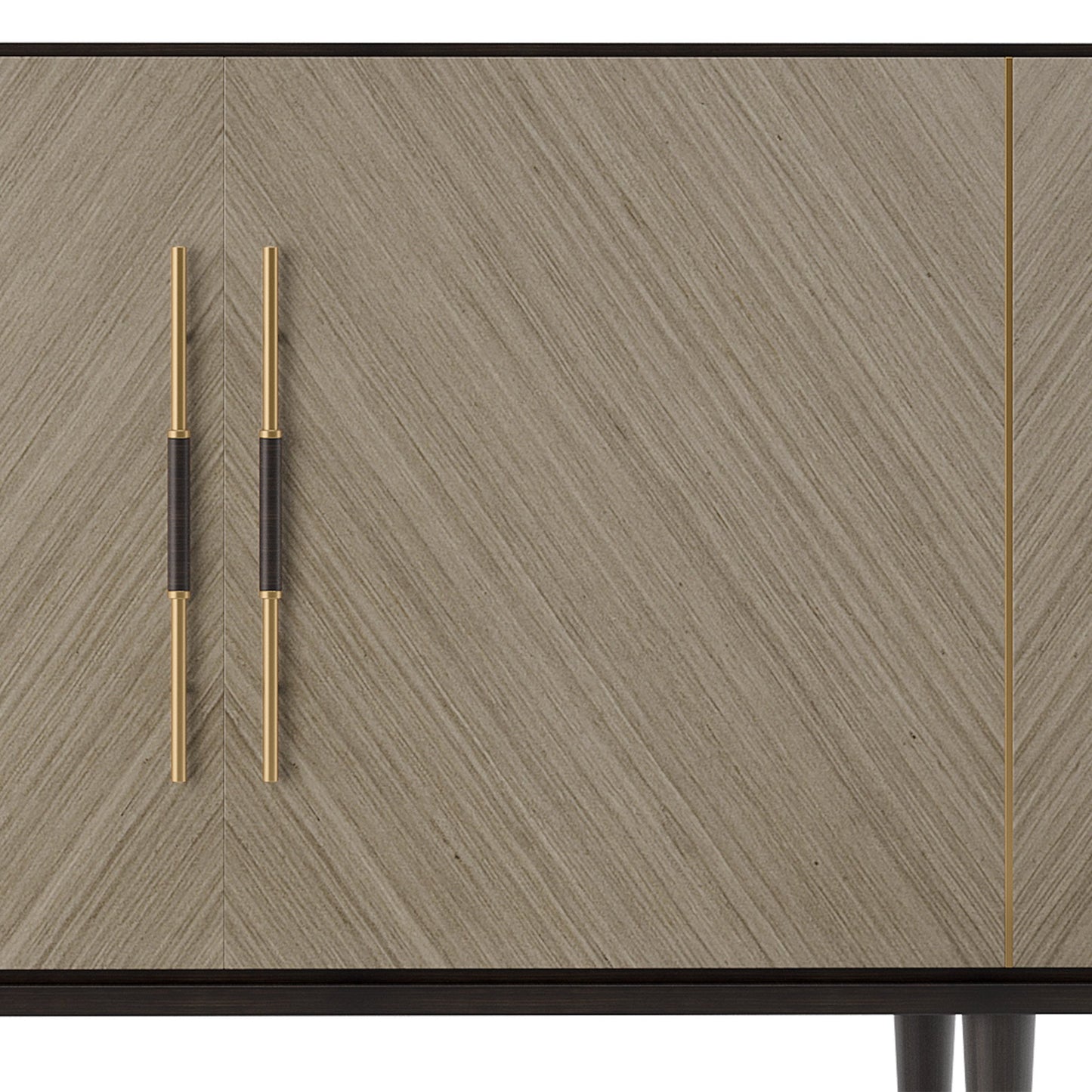 Close up of luxury four door sideboard with diagonal light wood grain and dark wood legs and brass details.