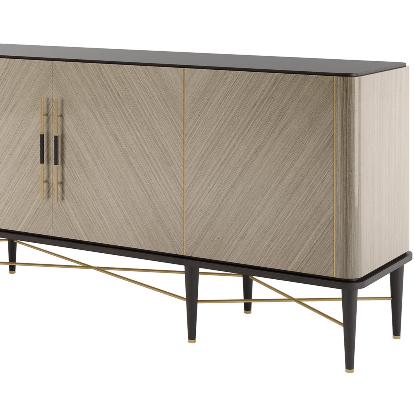 Corner view of luxury four door sideboard with diagonal light wood grain and dark wood legs and brass details.