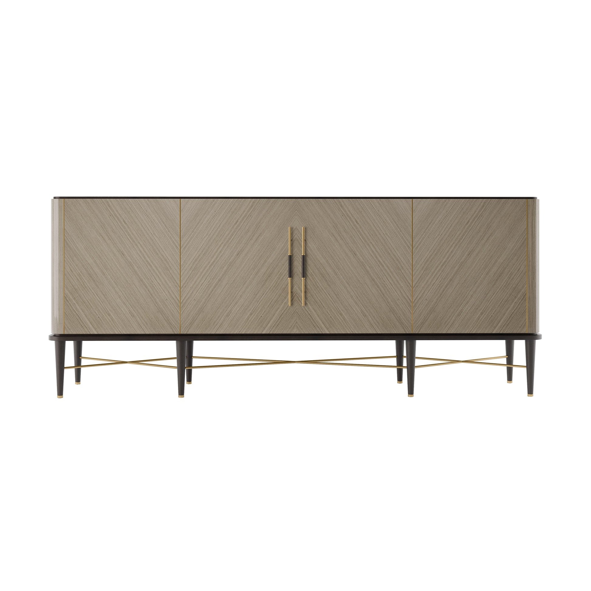 luxury four door sideboard with diagonal light wood grain and dark wood legs and brass details.