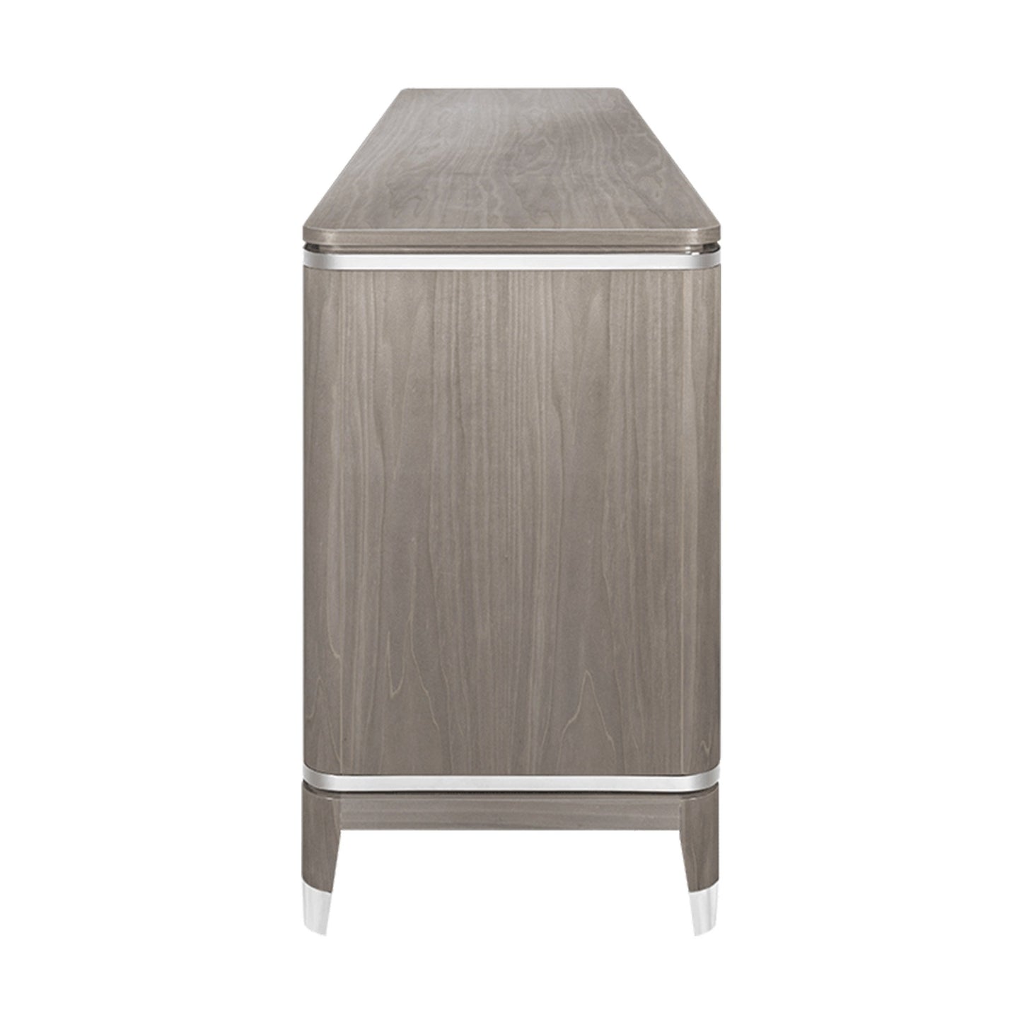 Side view of luxury sideboard with high gloss light wood veneer and stainless steel and mother of pearl detail and inlay.