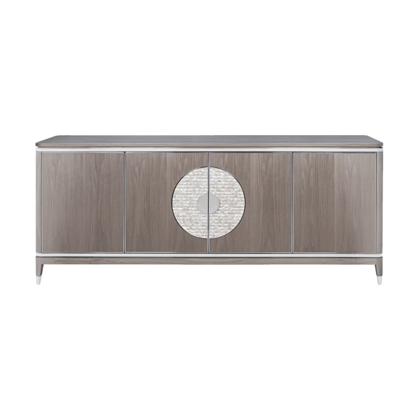 luxury four door sideboard with high gloss light wood veneer and stainless steel and mother of pearl detail and inlay.