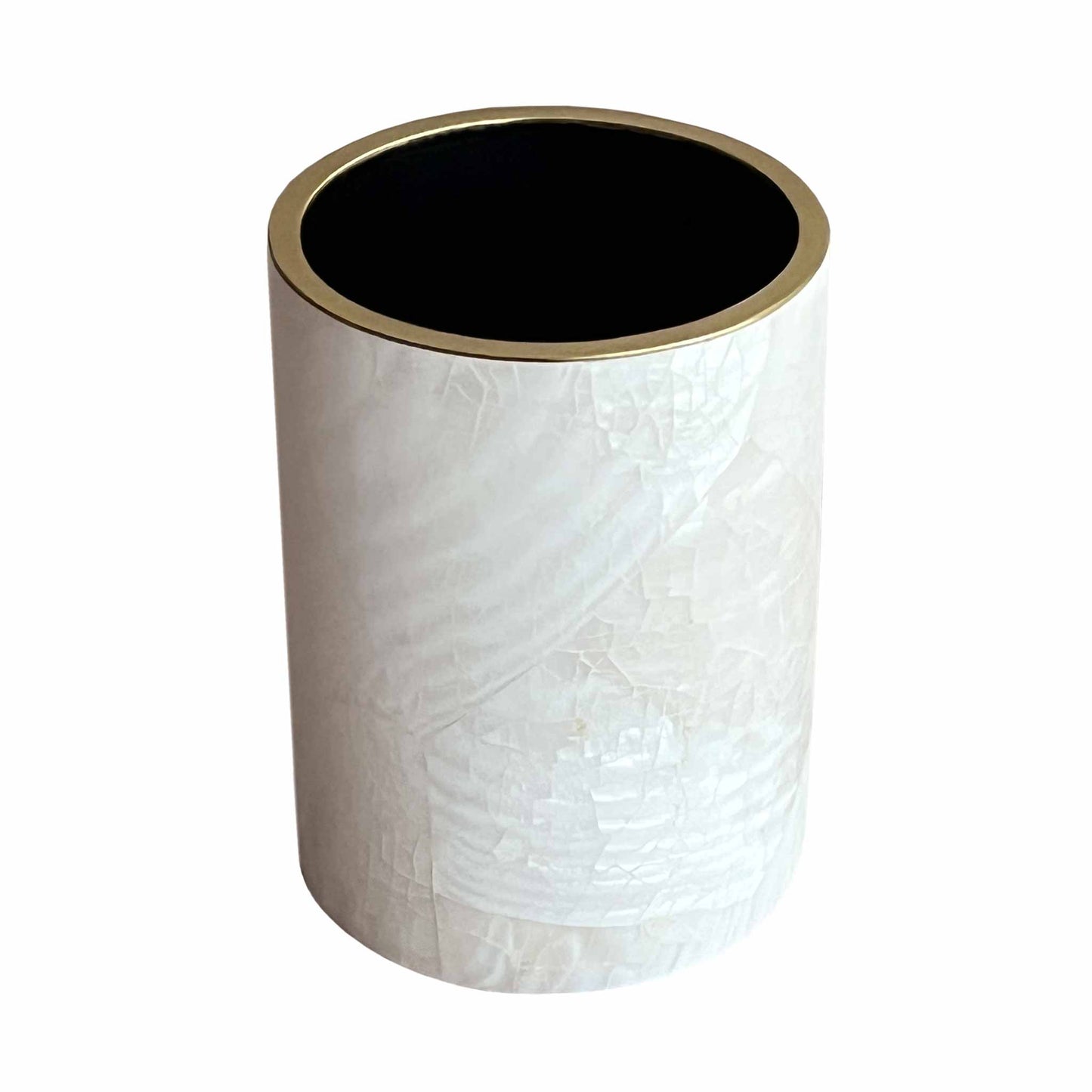 Extra white kabibe shell pen pot rimmed with brass