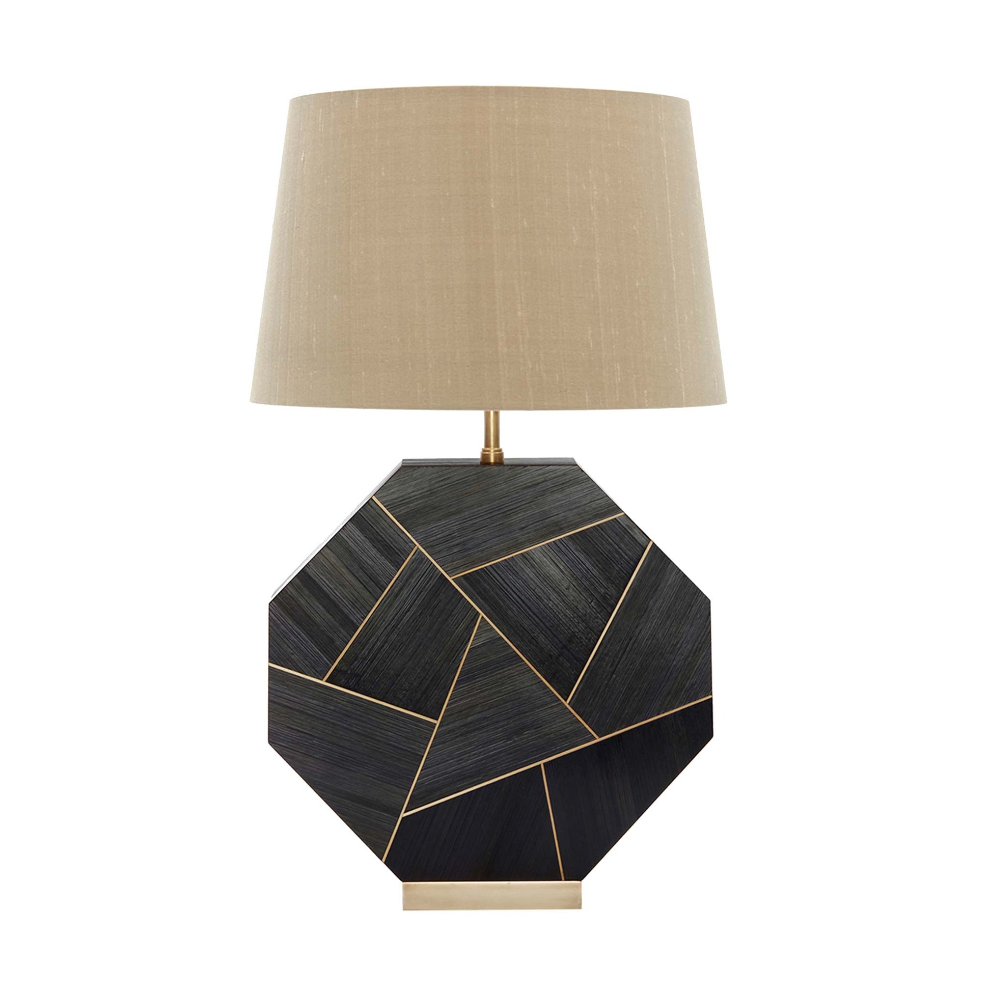 Deep brown and black toned straw marquetry octagonal lamp base with brass inlay and base