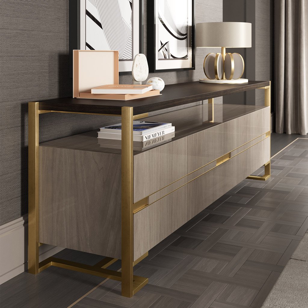 Lifestyle image of luxury four door sideboard with high gloss diagonal light wood grain and brass details. Shown in luxury hallway wit beautiful accessories