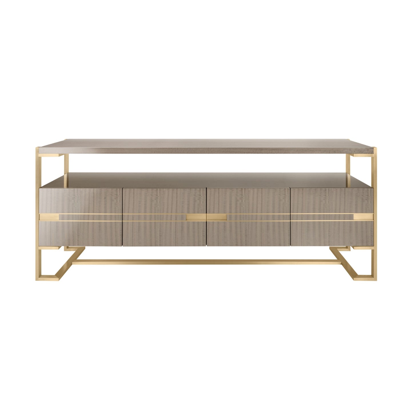 luxury four door sideboard with open shelf and brass details.