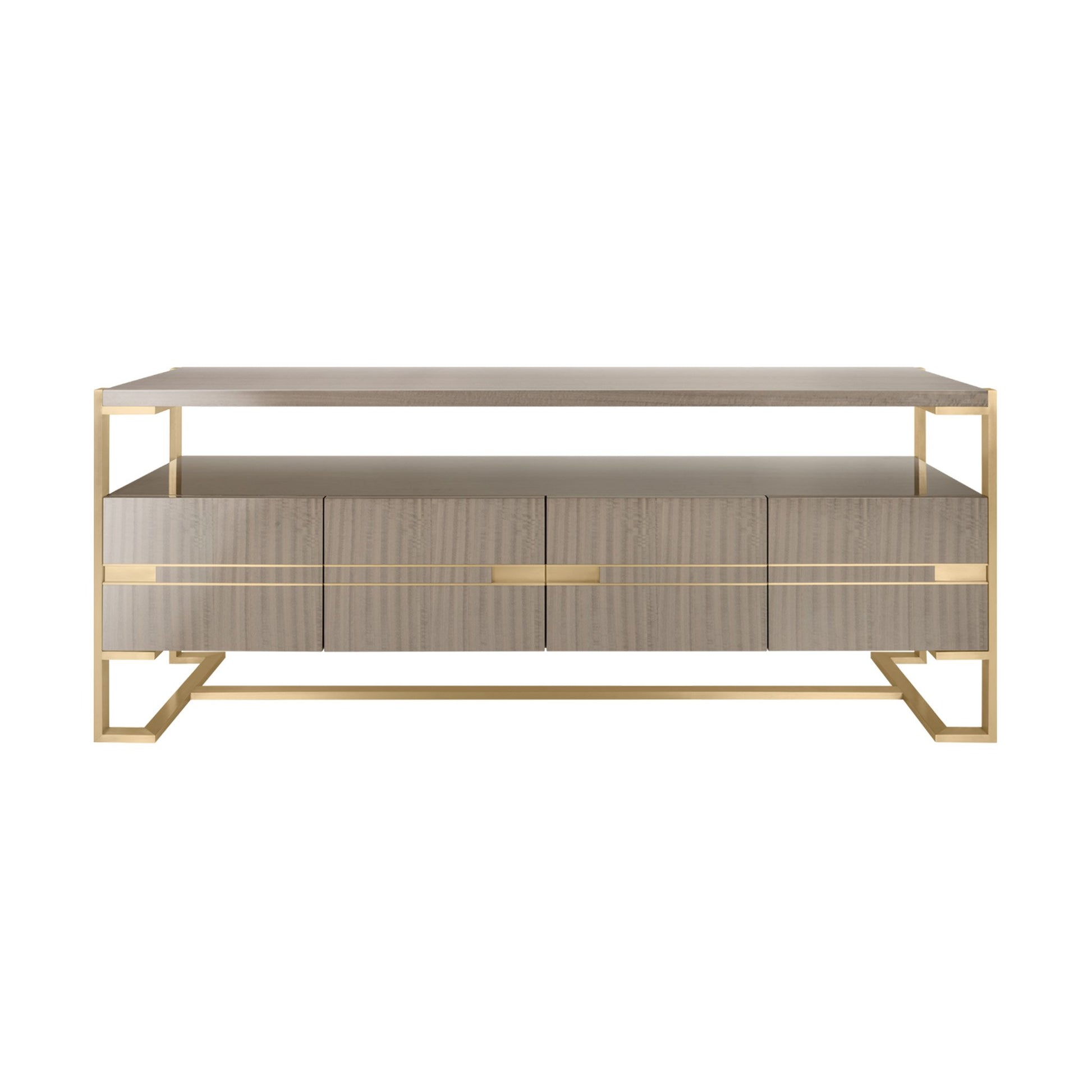 luxury four door sideboard with open shelf and brass details.