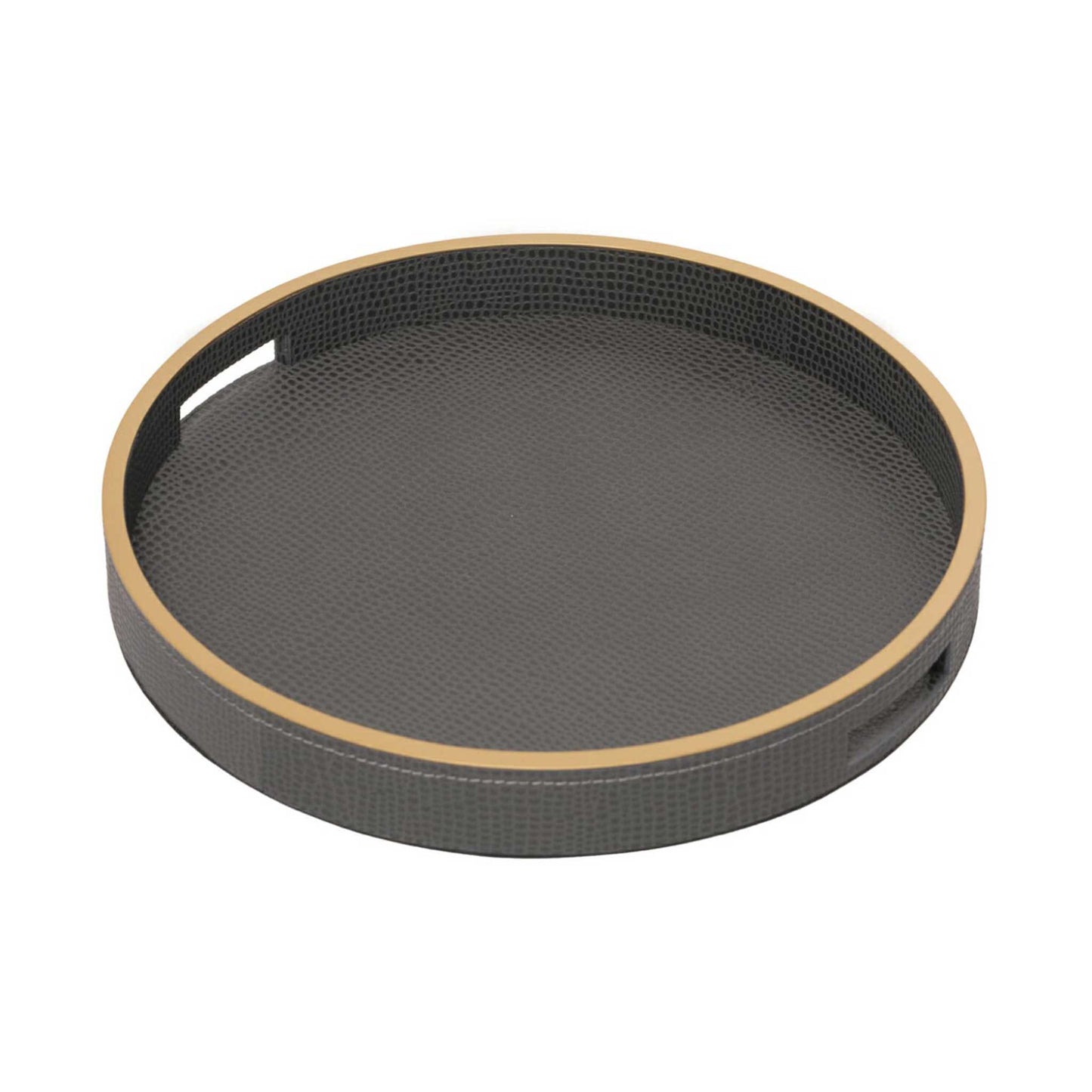 Round grey textured leather with gilt trim and handles