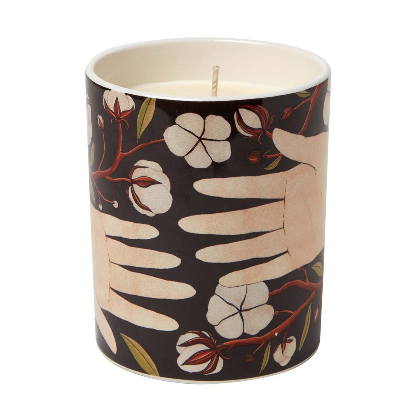 Ceramic candle jar illustrated with open hands and cotton plants