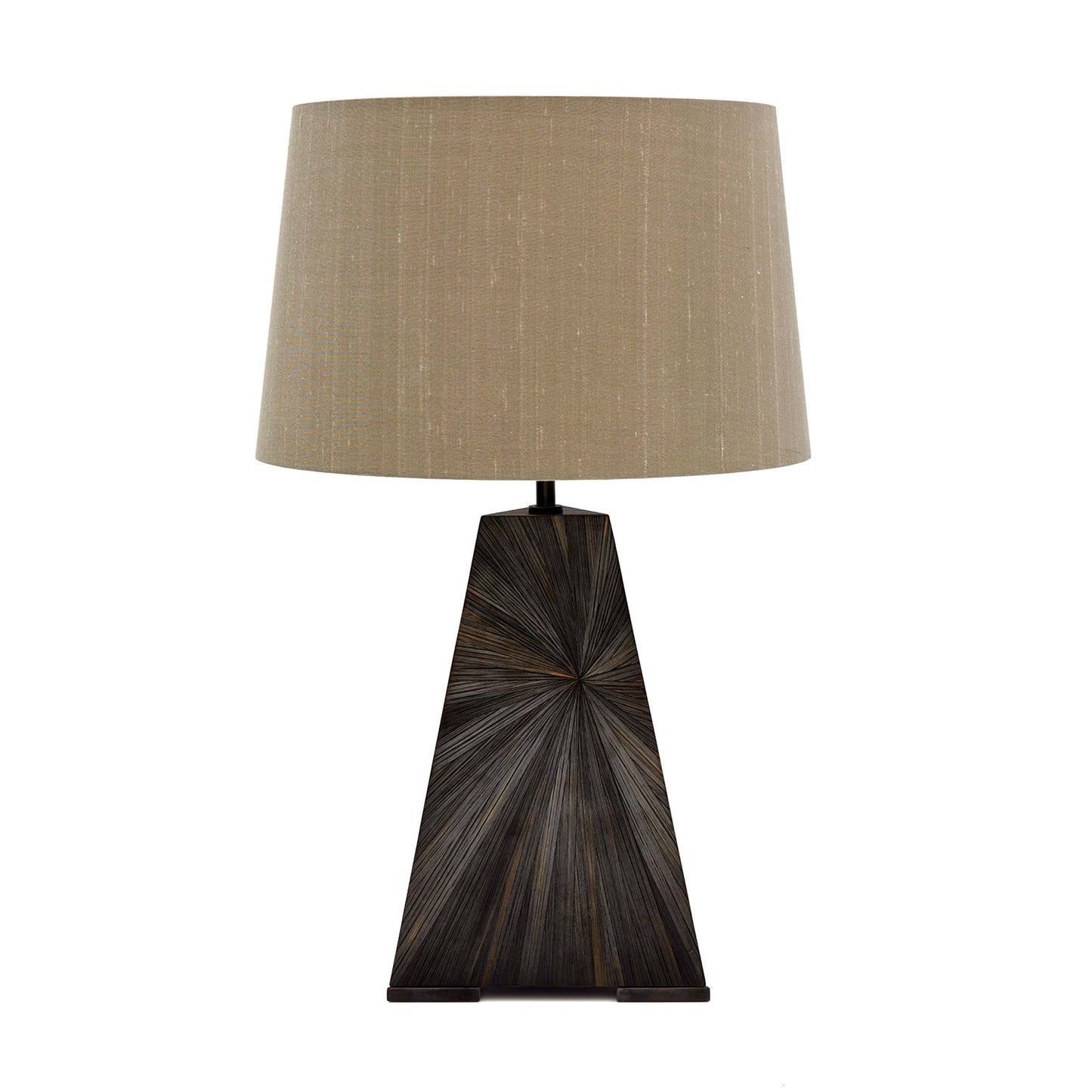 Deep brown and black toned straw marquetry pyramid lamp base