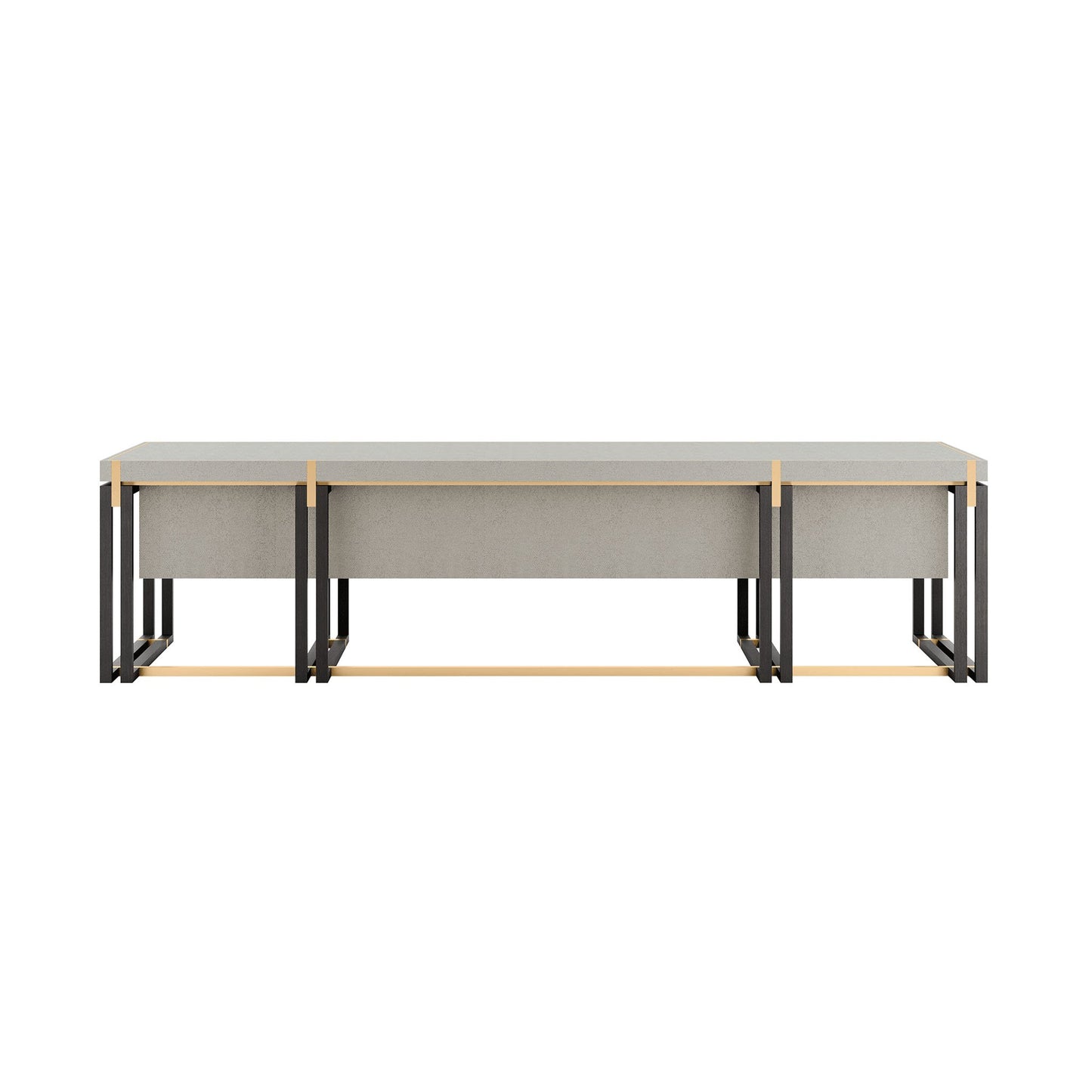 Back of rectangular long desk with drawers. The desk combines a long rectangular top with bronze mirror inlay and a high gloss close pore wood veneer structure featuring double legs trimmed in polished stainless steel which creates the perfect sleek silhouette.