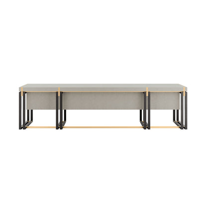 Back of rectangular long desk with drawers. The desk combines a long rectangular top with bronze mirror inlay and a high gloss close pore wood veneer structure featuring double legs trimmed in polished stainless steel which creates the perfect sleek silhouette.