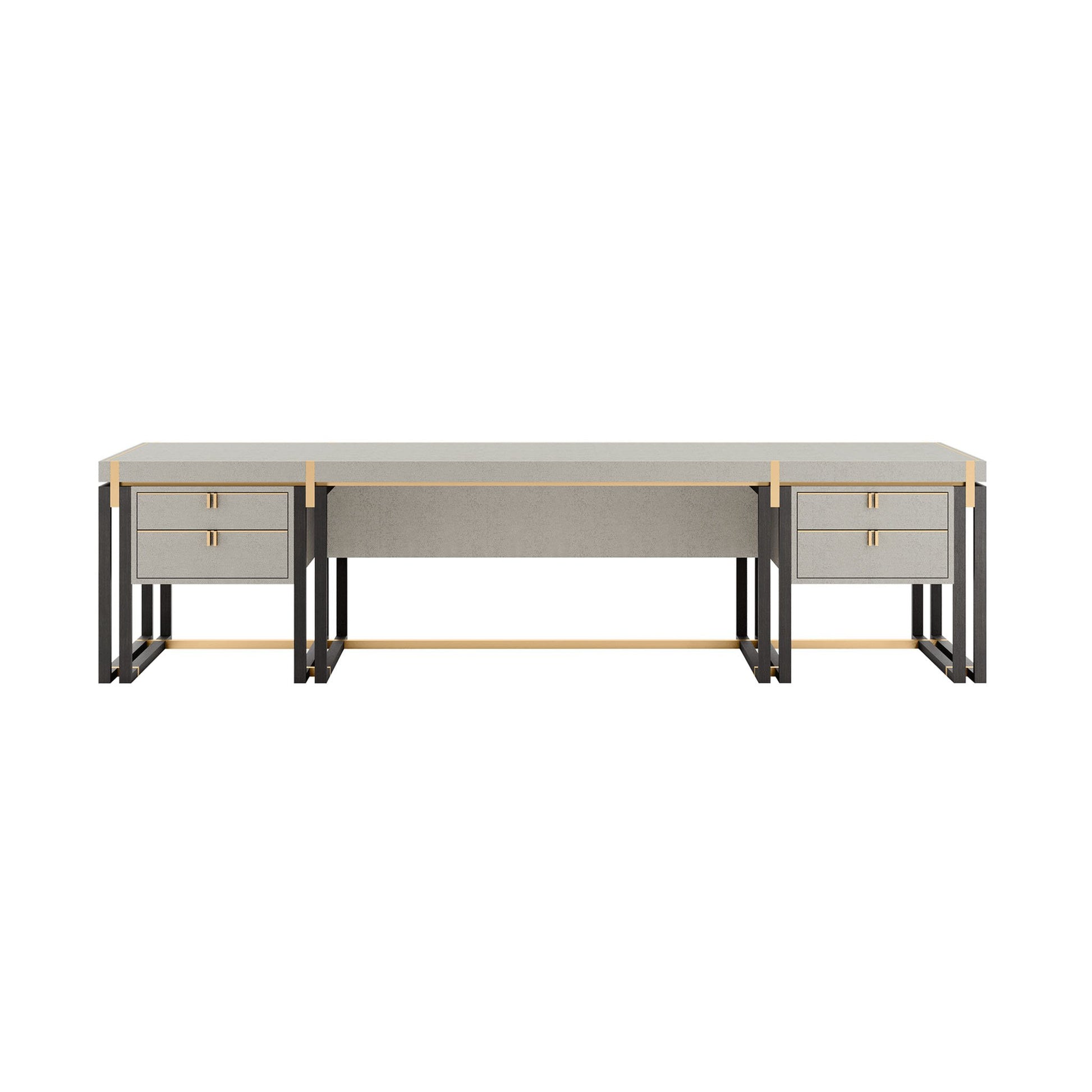 Rectangular long desk with drawers. The desk combines a long rectangular top with bronze mirror inlay and a high gloss close pore wood veneer structure featuring double legs trimmed in polished stainless steel which creates the perfect sleek silhouette.