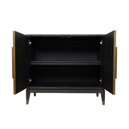 Dark oak chessboard style wood panelled two door cabinet with brass details with open doors showing shelves.