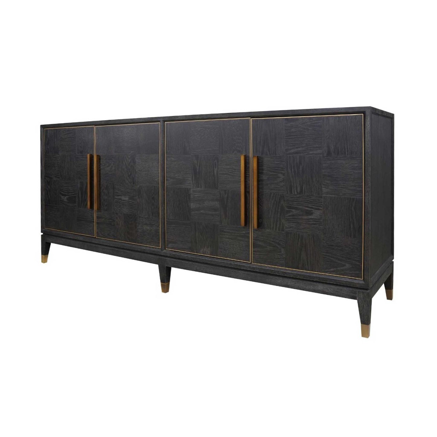 Dark oak four door cabinet with long brass handles and brass feet